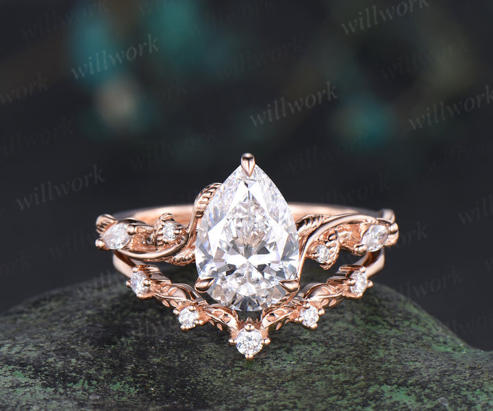 7x10mm pear cut lab grown diamond engagement ring set nature inspired leaves vines ring rose gold bridal set