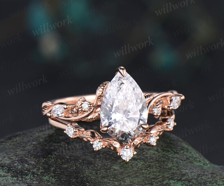 7x10mm pear cut lab grown diamond engagement ring set nature inspired leaves vines ring rose gold bridal set