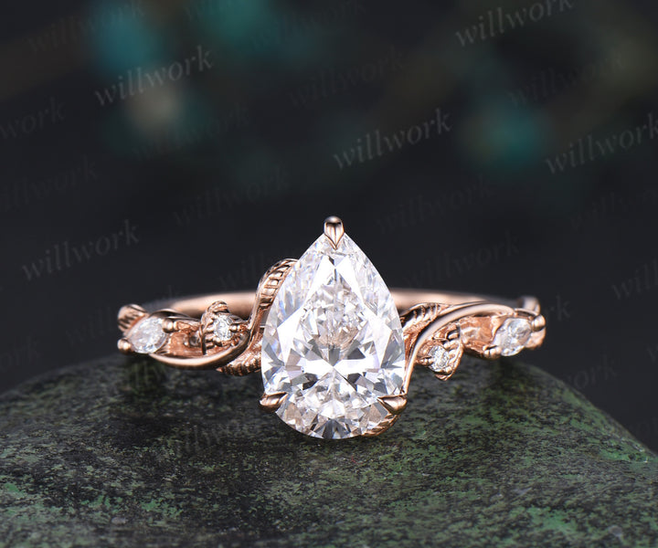 7x10mm pear cut lab grown diamond engagement ring set nature inspired leaves vines ring rose gold bridal set