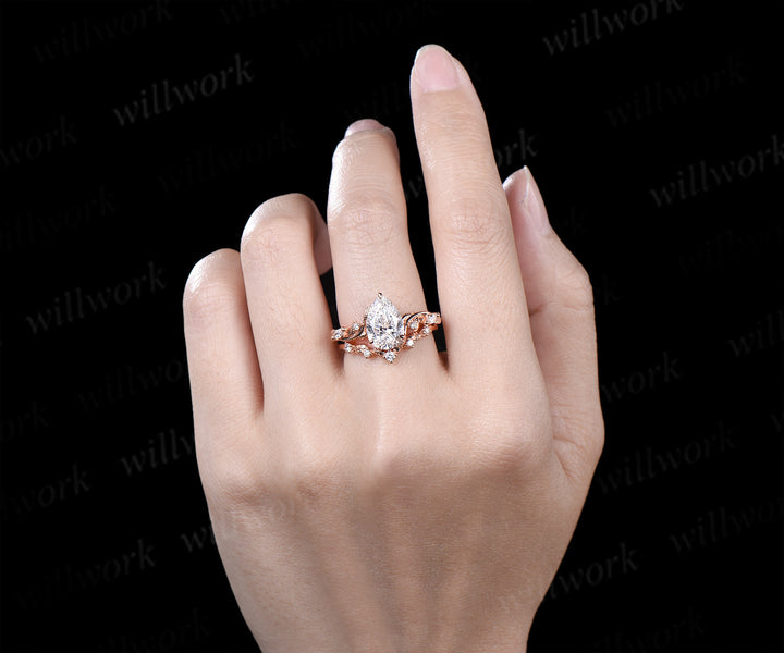 7x10mm pear cut lab grown diamond engagement ring set nature inspired leaves vines ring rose gold bridal set