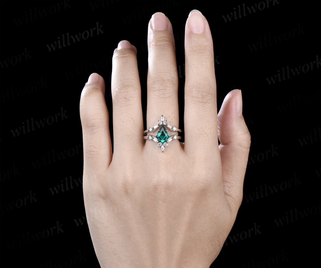 Kite cut emerald engagement ring set unique moissanite accent promise ring curved wedding band bridal set