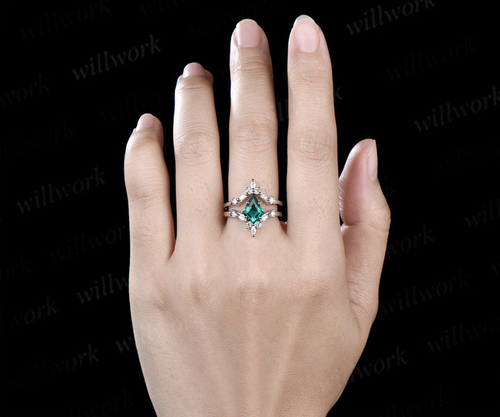 Kite cut emerald engagement ring set unique moissanite accent promise ring curved wedding band bridal set