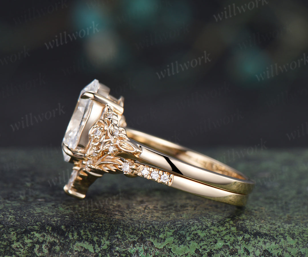 Oval cut IGI Certified Lab grown diamond Engagement Ring Set Nature inspired Leaf Froral Diamonds Bridal Set