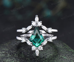 Kite cut emerald engagement ring set unique moissanite accent promise ring curved wedding band bridal set