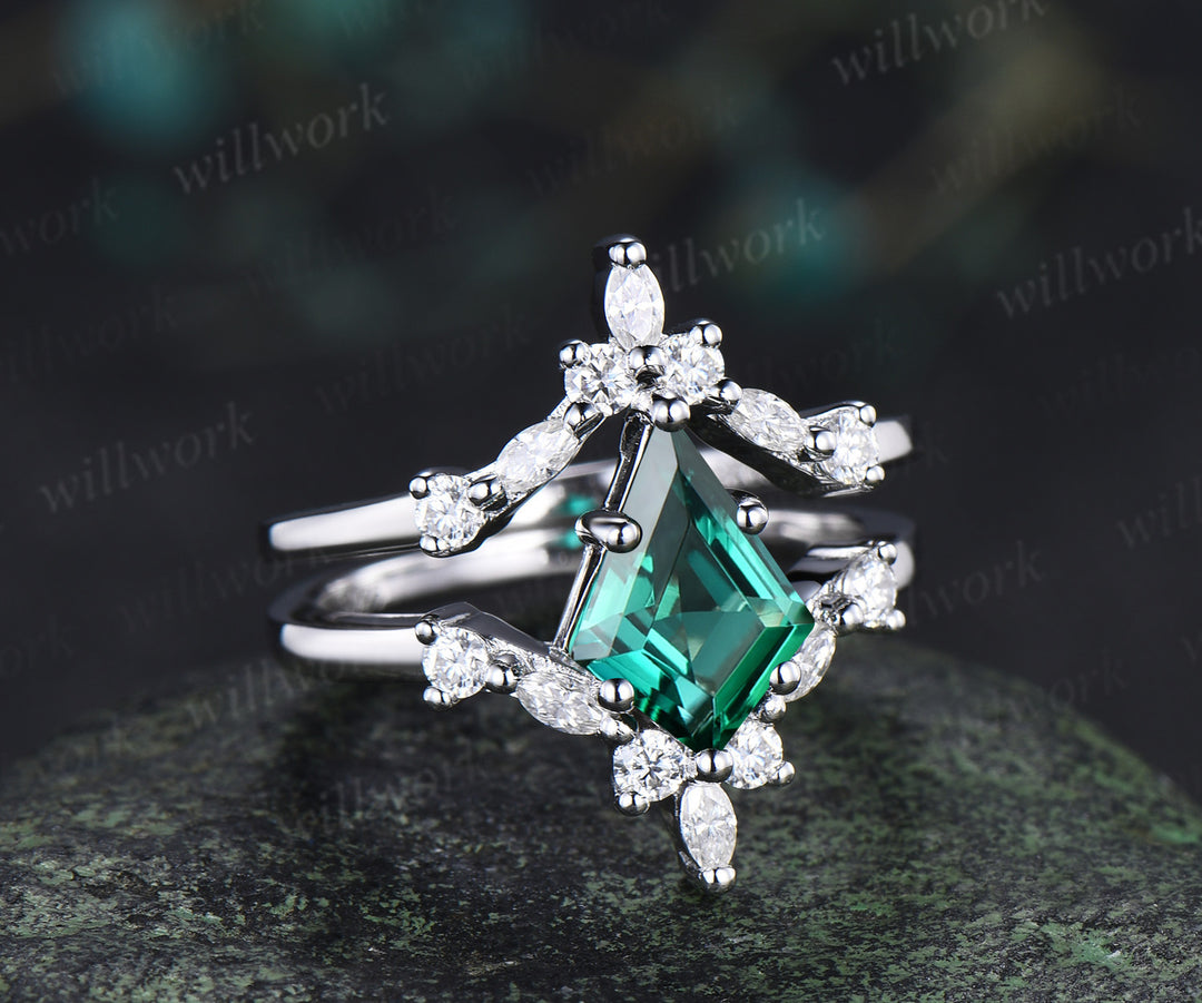 Kite cut emerald engagement ring set unique moissanite accent promise ring curved wedding band bridal set