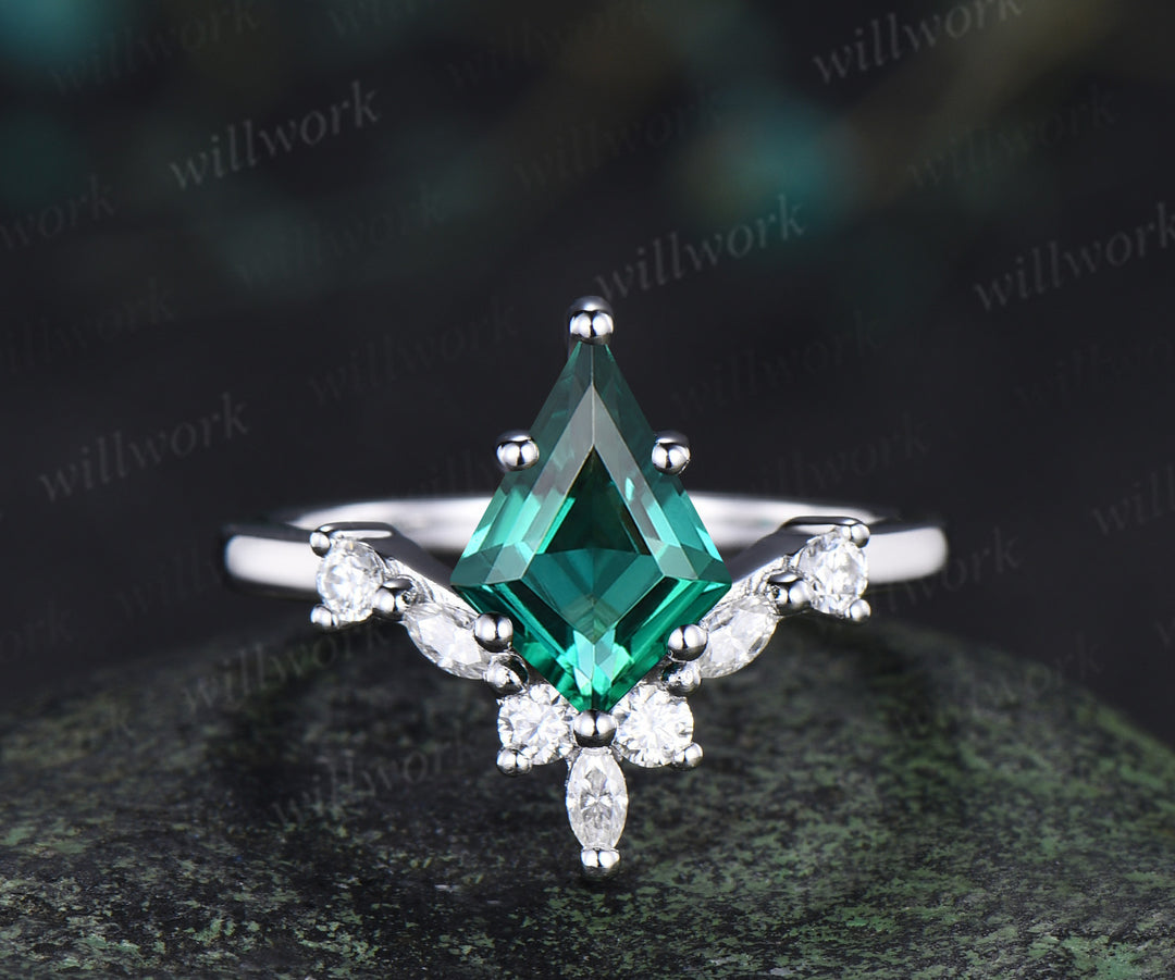 Kite cut emerald engagement ring set unique moissanite accent promise ring curved wedding band bridal set