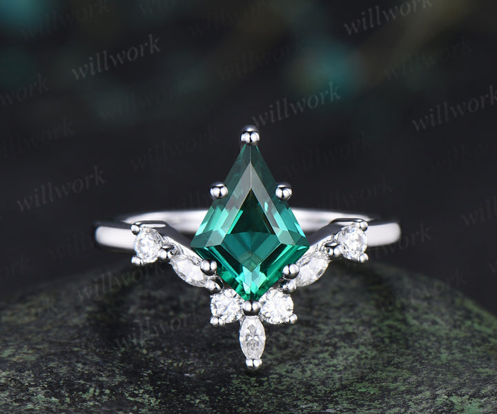 Kite cut emerald engagement ring set unique moissanite accent promise ring curved wedding band bridal set