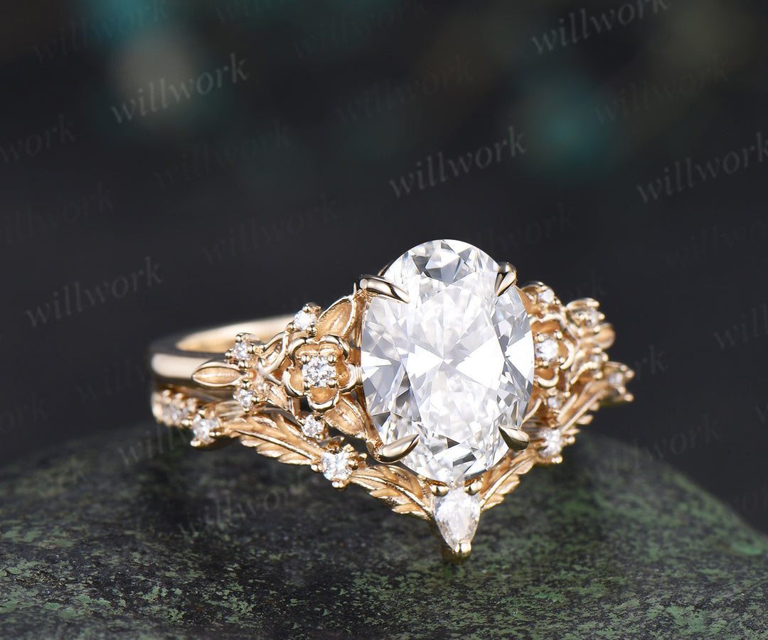 Oval cut IGI Certified Lab grown diamond Engagement Ring Set Nature inspired Leaf Froral Diamonds Bridal Set