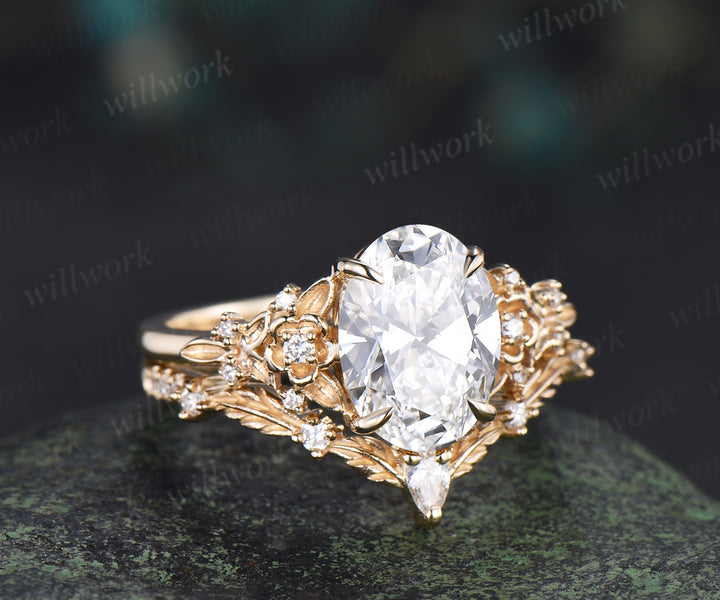 Oval cut IGI Certified Lab grown diamond Engagement Ring Set Nature inspired Leaf Froral Diamonds Bridal Set