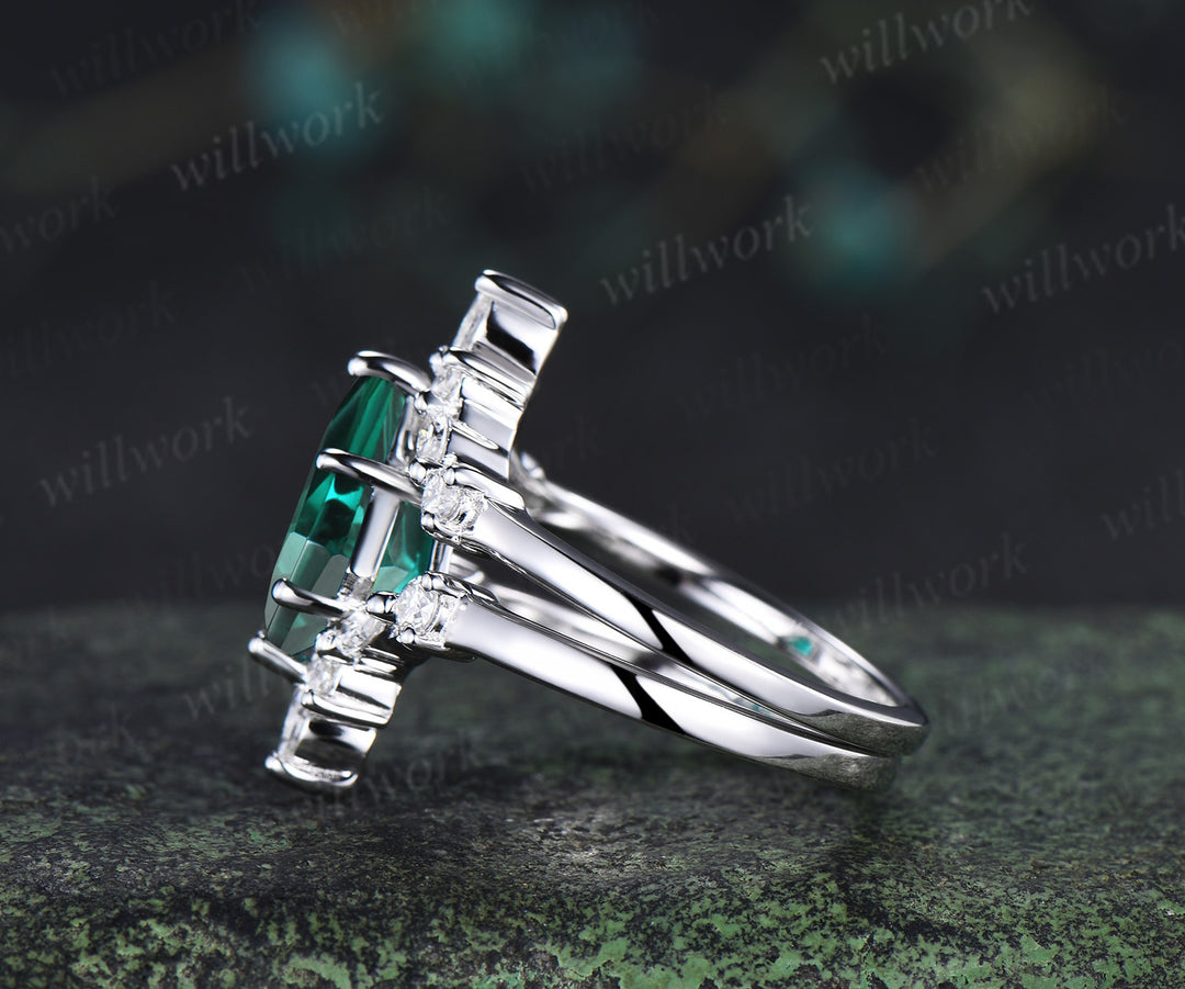 Kite cut emerald engagement ring set unique moissanite accent promise ring curved wedding band bridal set