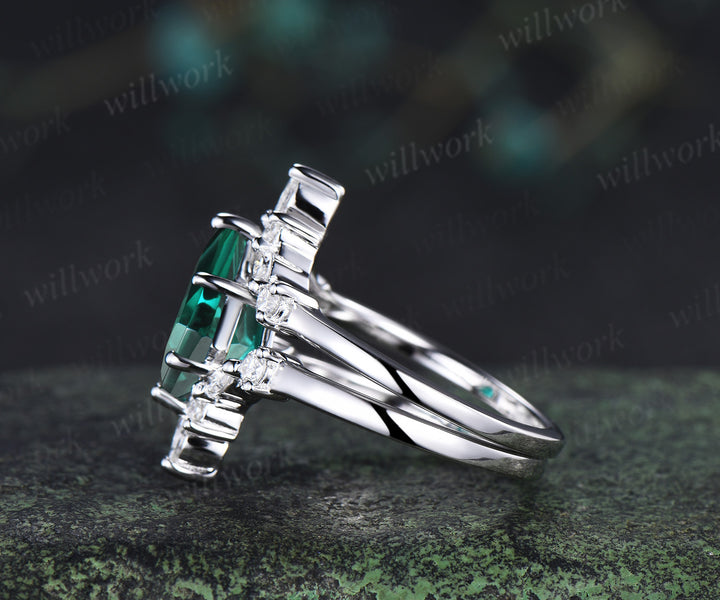 Kite cut emerald engagement ring set unique moissanite accent promise ring curved wedding band bridal set