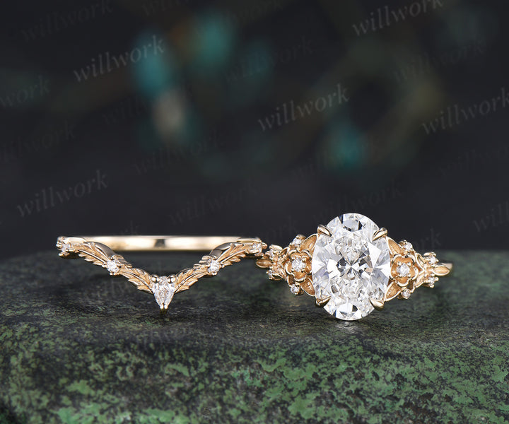Oval cut IGI Certified Lab grown diamond Engagement Ring Set Nature inspired Leaf Froral Diamonds Bridal Set