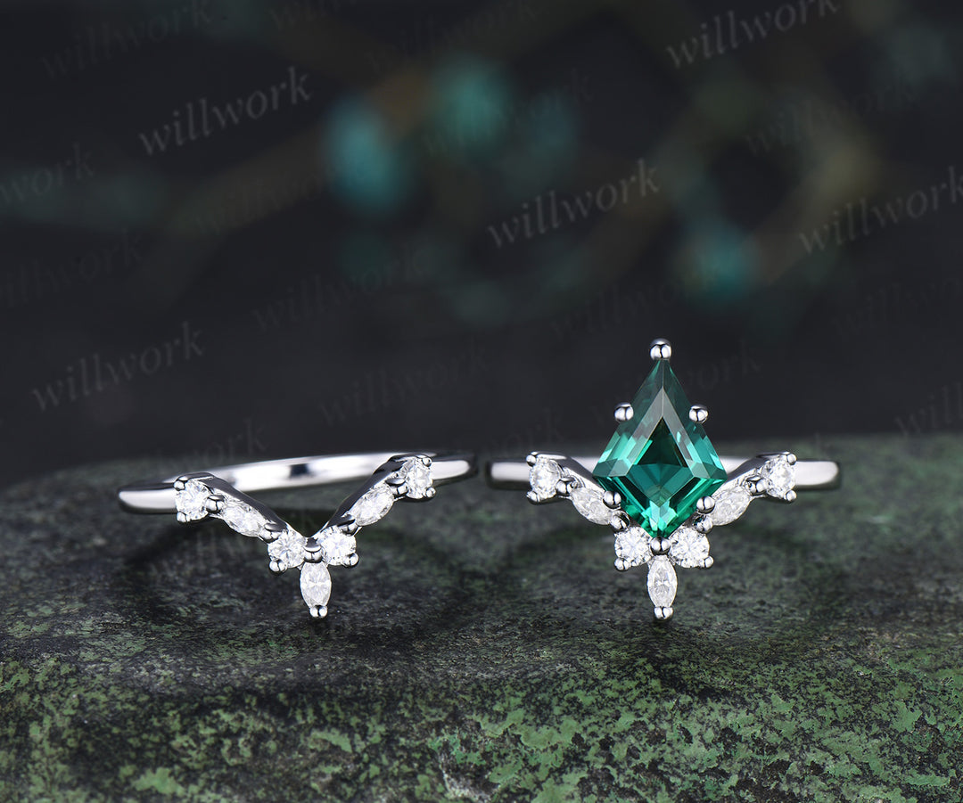 Kite cut emerald engagement ring set unique moissanite accent promise ring curved wedding band bridal set