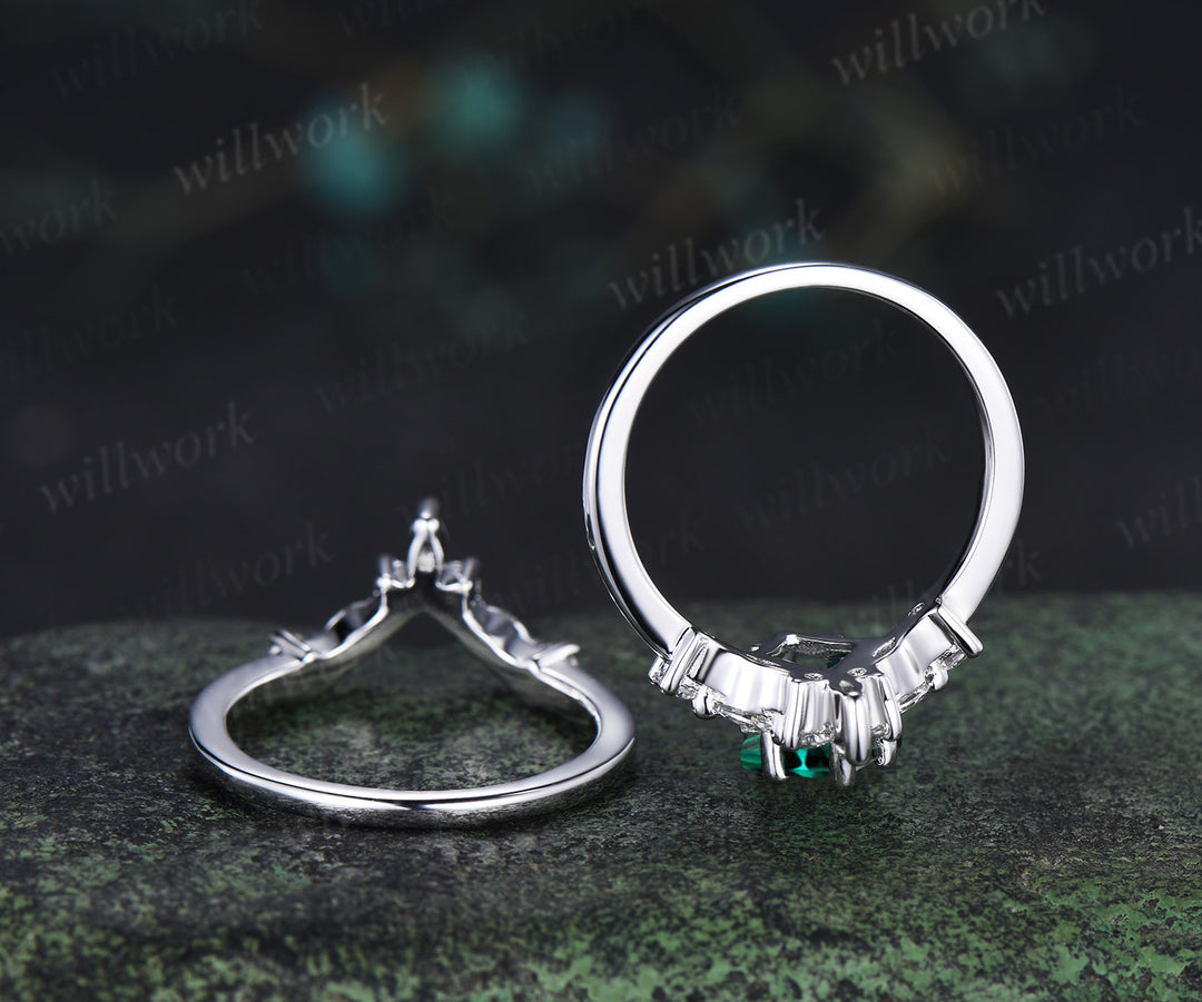 Kite cut emerald engagement ring set unique moissanite accent promise ring curved wedding band bridal set