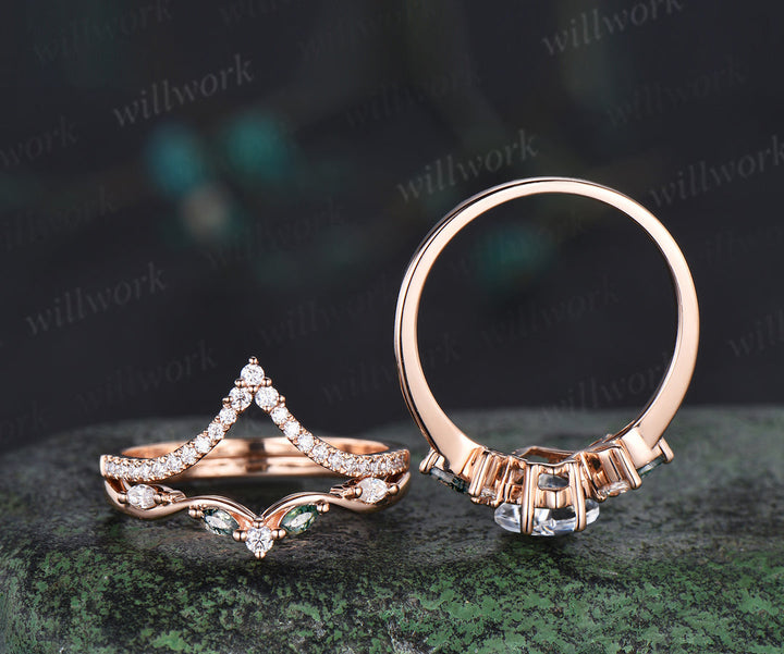 Kite cut lab-grown diamond engagement ring set unique marquise cluster ring diamonds half eternity curved wedding band green gemstone bridal ring set