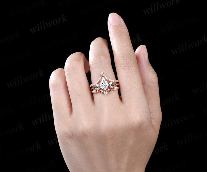 Kite cut lab-grown diamond engagement ring set unique marquise cluster ring diamonds half eternity curved wedding band green gemstone bridal ring set