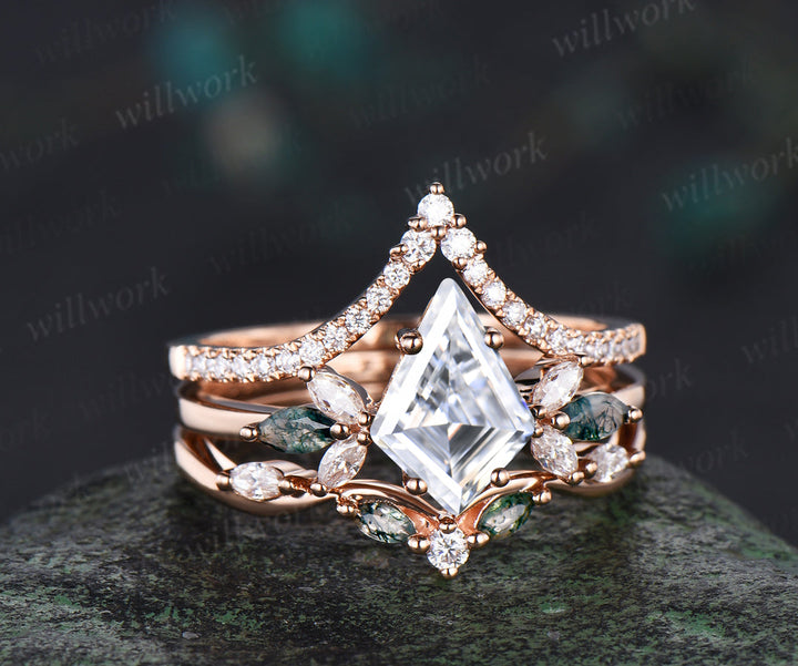 Kite cut lab-grown diamond engagement ring set unique marquise cluster ring diamonds half eternity curved wedding band green gemstone bridal ring set
