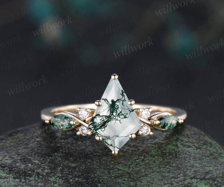 Kite cut moss agate engagement ring set unique marquise moss agate ring diamonds half eternity curved wedding band vintage bridal set