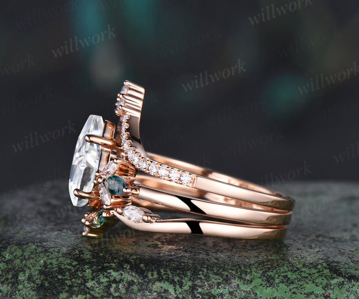 Kite cut lab-grown diamond engagement ring set unique marquise cluster ring diamonds half eternity curved wedding band green gemstone bridal ring set