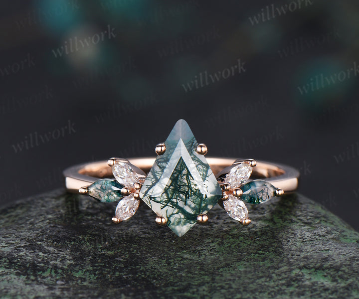 Kite cut moss agate engagement ring set unique marquise cluster ring diamonds half eternity curved wedding band green gemstone bridal ring set