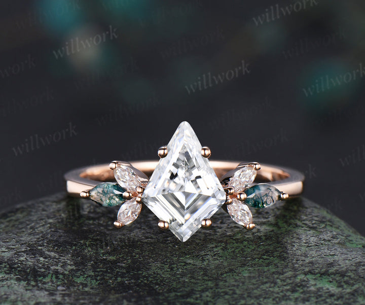 Kite cut lab-grown diamond engagement ring set unique marquise cluster ring diamonds half eternity curved wedding band green gemstone bridal ring set