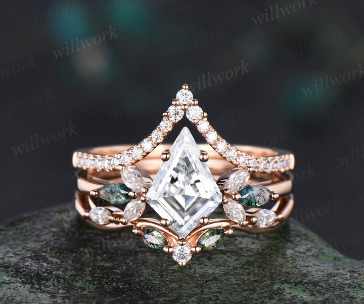 Kite cut lab-grown diamond engagement ring set unique marquise cluster ring diamonds half eternity curved wedding band green gemstone bridal ring set