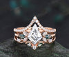 Kite cut lab-grown diamond engagement ring set unique marquise cluster ring diamonds half eternity curved wedding band green gemstone bridal ring set