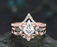 Kite cut lab-grown diamond engagement ring set unique marquise cluster ring diamonds half eternity curved wedding band green gemstone bridal ring set