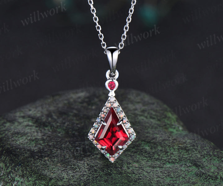 Kite cut ruby pendant necklace vintage opals halo pendant sterling silver white gold pendant necklaceJuly birthstone jewelry gifts for women