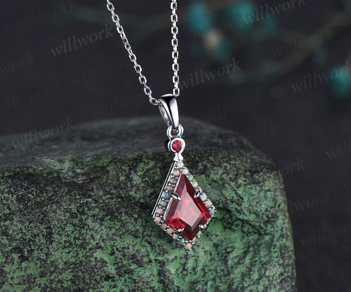 Kite cut ruby pendant necklace vintage opals halo pendant sterling silver white gold pendant necklaceJuly birthstone jewelry gifts for women