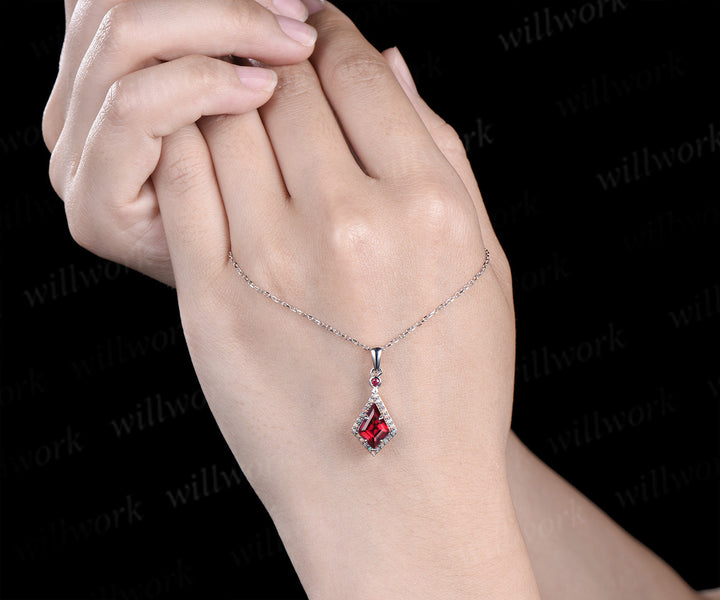 Kite cut ruby pendant necklace vintage opals halo pendant sterling silver white gold pendant necklaceJuly birthstone jewelry gifts for women