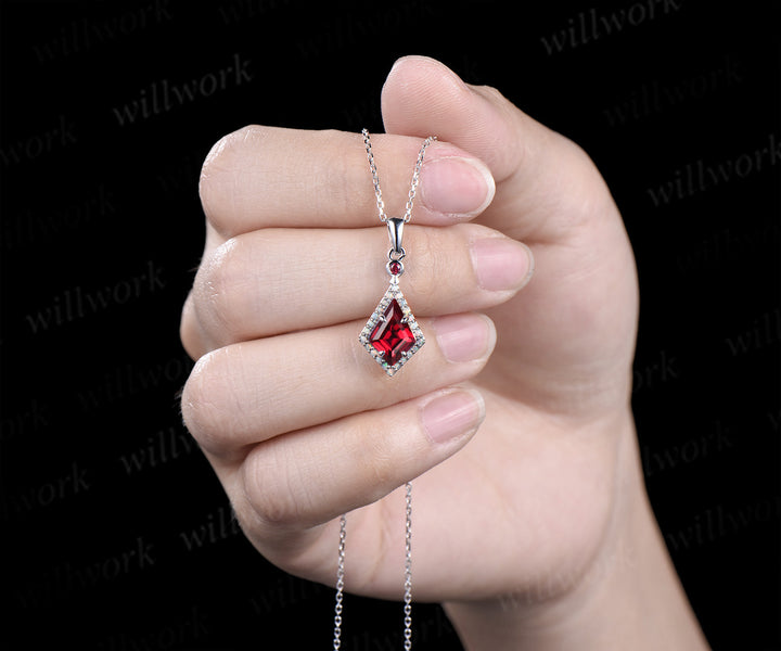 Kite cut ruby pendant necklace vintage opals halo pendant sterling silver white gold pendant necklaceJuly birthstone jewelry gifts for women