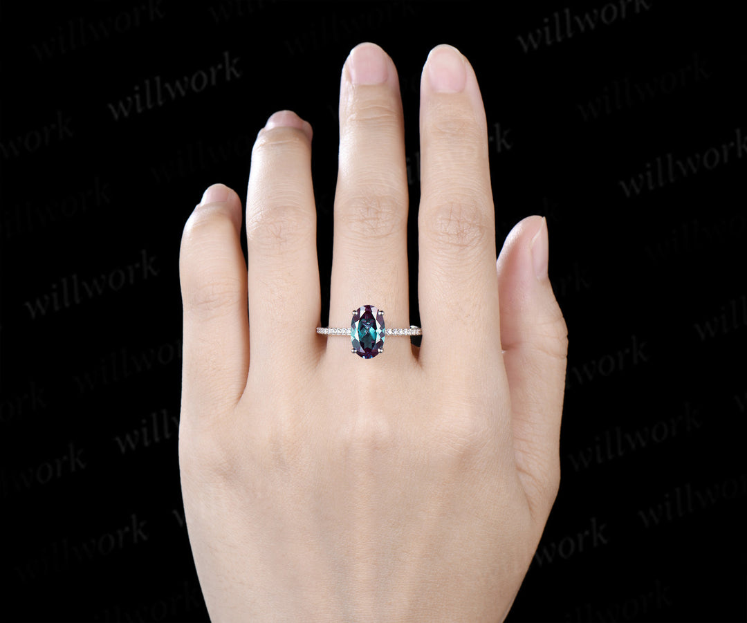 7x11mm Oval Cut Alexandrite Engagement Ring Diamond Half Eternity Promise Ring Color Change Gemstone Ring