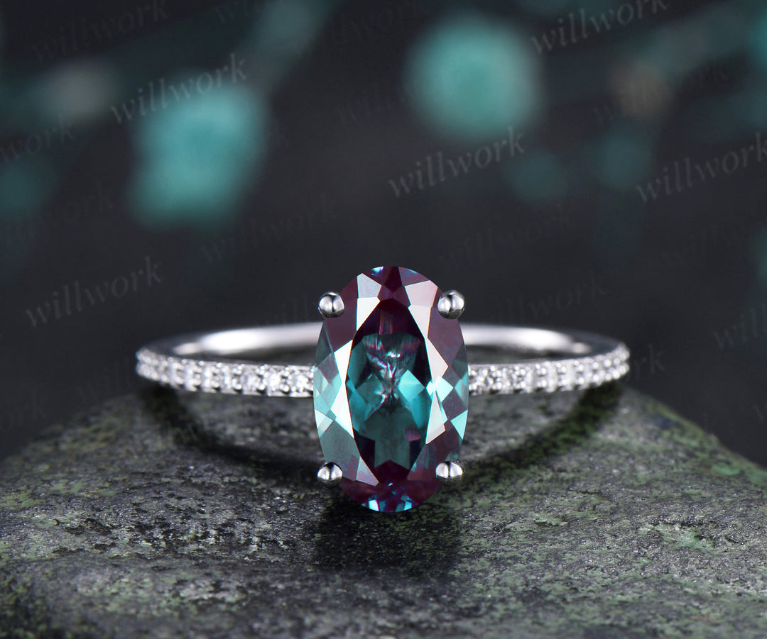 7x11mm Oval Cut Alexandrite Engagement Ring Diamond Half Eternity Promise Ring Color Change Gemstone Ring