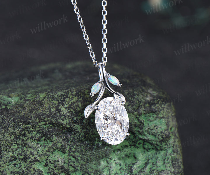 Oval Lab grown diamond necklace nature inspired accent opals elegant pendant necklace anniversary gifts