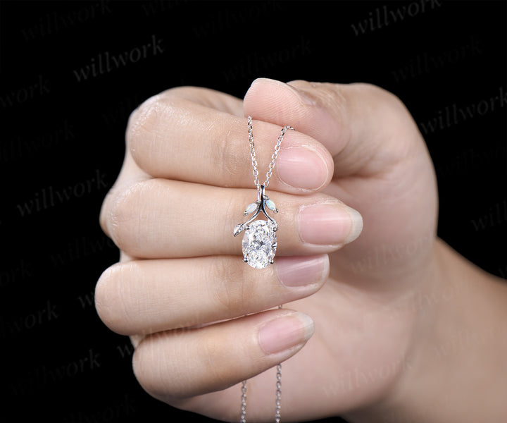 Oval Lab grown diamond necklace nature inspired accent opals elegant pendant necklace anniversary gifts