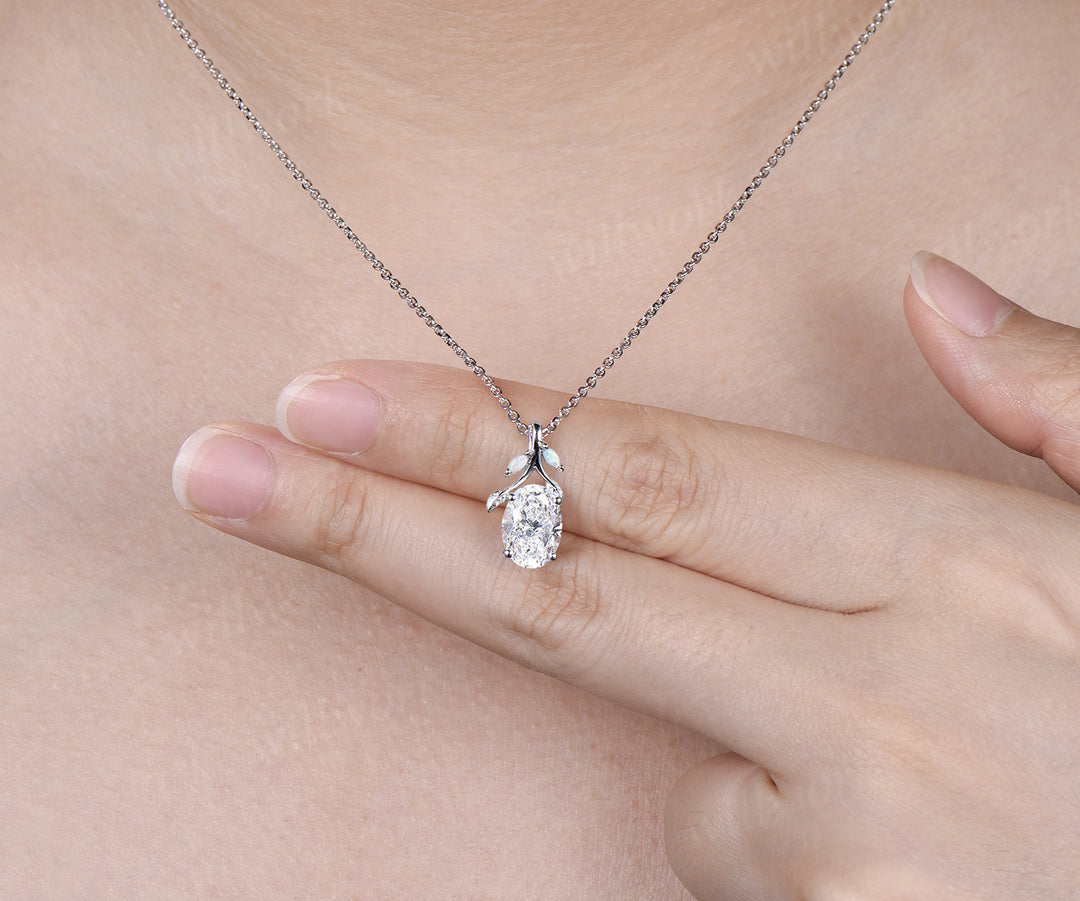Oval Lab grown diamond necklace nature inspired accent opals elegant pendant necklace anniversary gifts