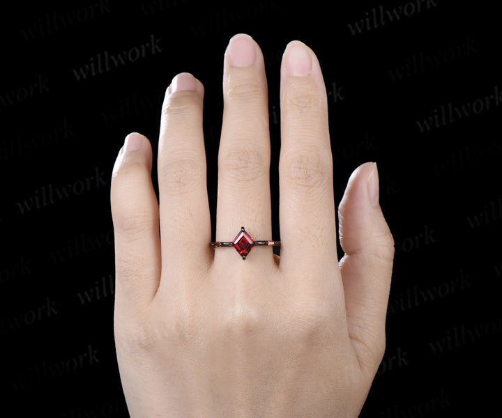 Kite Cut Garnet Couple Ring Set Rhombic Red Garnet Three Stone Engagement Ring & Black Men’s Band  Unique Matching Wedding Rings