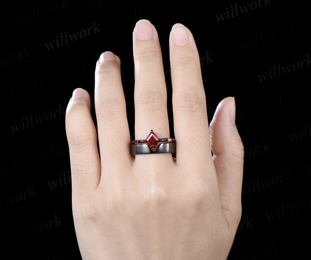 Kite Cut Garnet Couple Ring Set Rhombic Red Garnet Three Stone Engagement Ring & Black Men’s Band  Unique Matching Wedding Rings