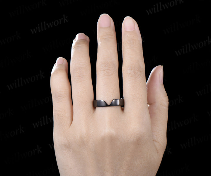 Kite Cut Garnet Couple Ring Set Rhombic Red Garnet Three Stone Engagement Ring & Black Men’s Band  Unique Matching Wedding Rings