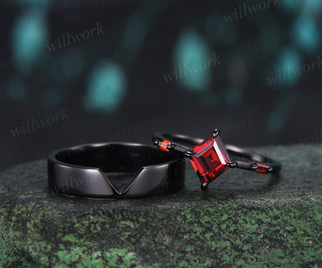 Kite Cut Garnet Couple Ring Set Rhombic Red Garnet Three Stone Engagement Ring & Black Men’s Band  Unique Matching Wedding Rings