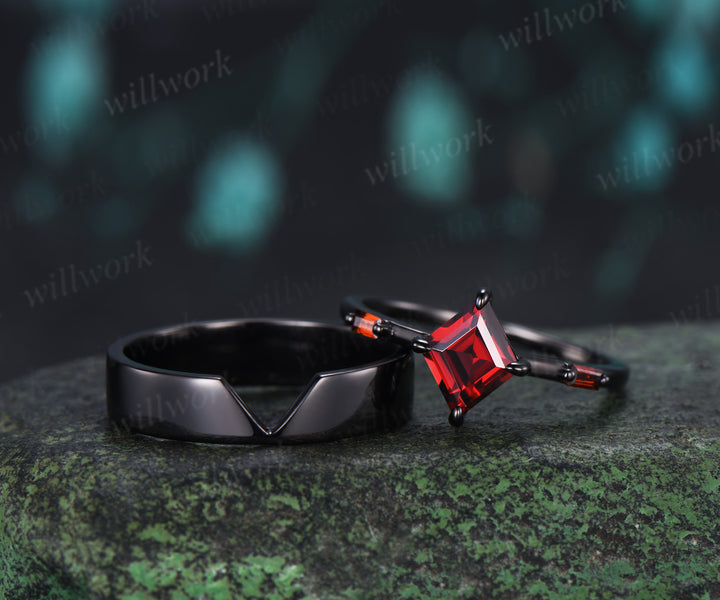 Kite Cut Garnet Couple Ring Set Rhombic Red Garnet Three Stone Engagement Ring & Black Men’s Band  Unique Matching Wedding Rings