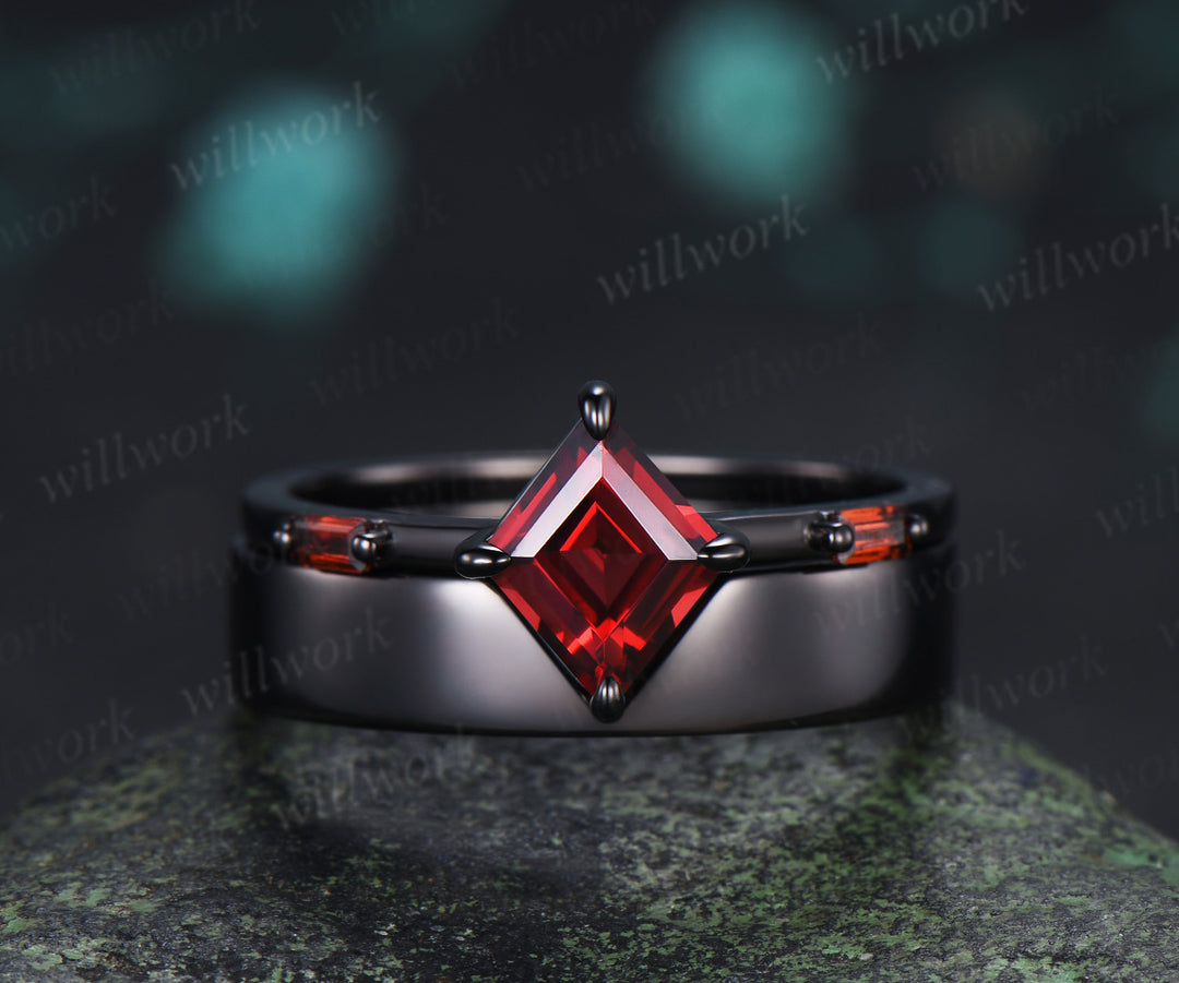 Kite Cut Garnet Couple Ring Set Rhombic Red Garnet Three Stone Engagement Ring & Black Men’s Band  Unique Matching Wedding Rings
