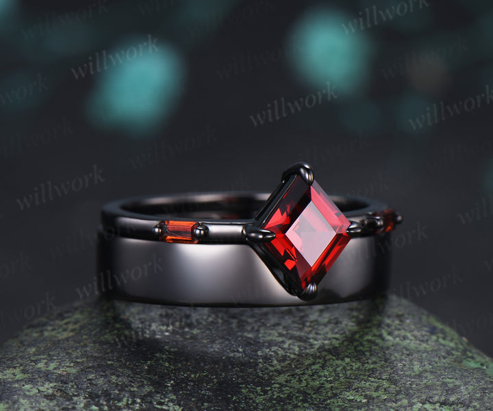 Kite Cut Garnet Couple Ring Set Rhombic Red Garnet Three Stone Engagement Ring & Black Men’s Band  Unique Matching Wedding Rings