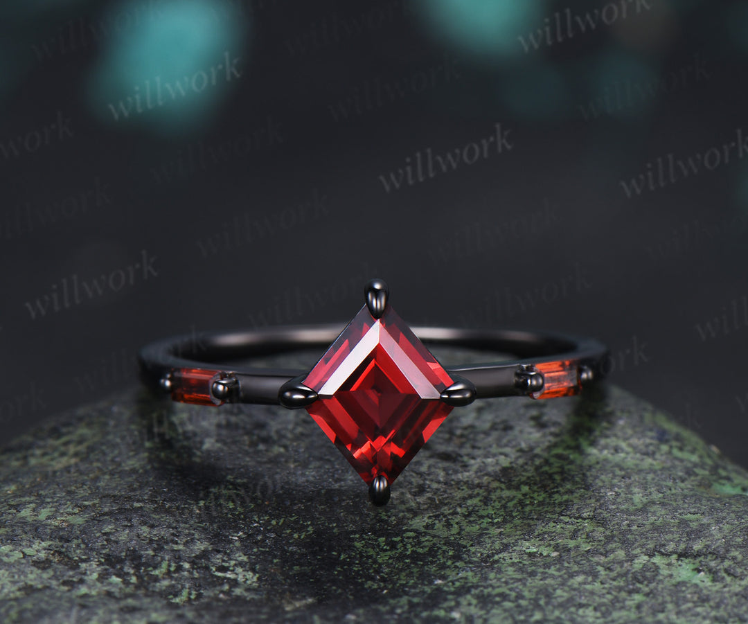 Kite Cut Garnet Couple Ring Set Rhombic Red Garnet Three Stone Engagement Ring & Black Men’s Band  Unique Matching Wedding Rings
