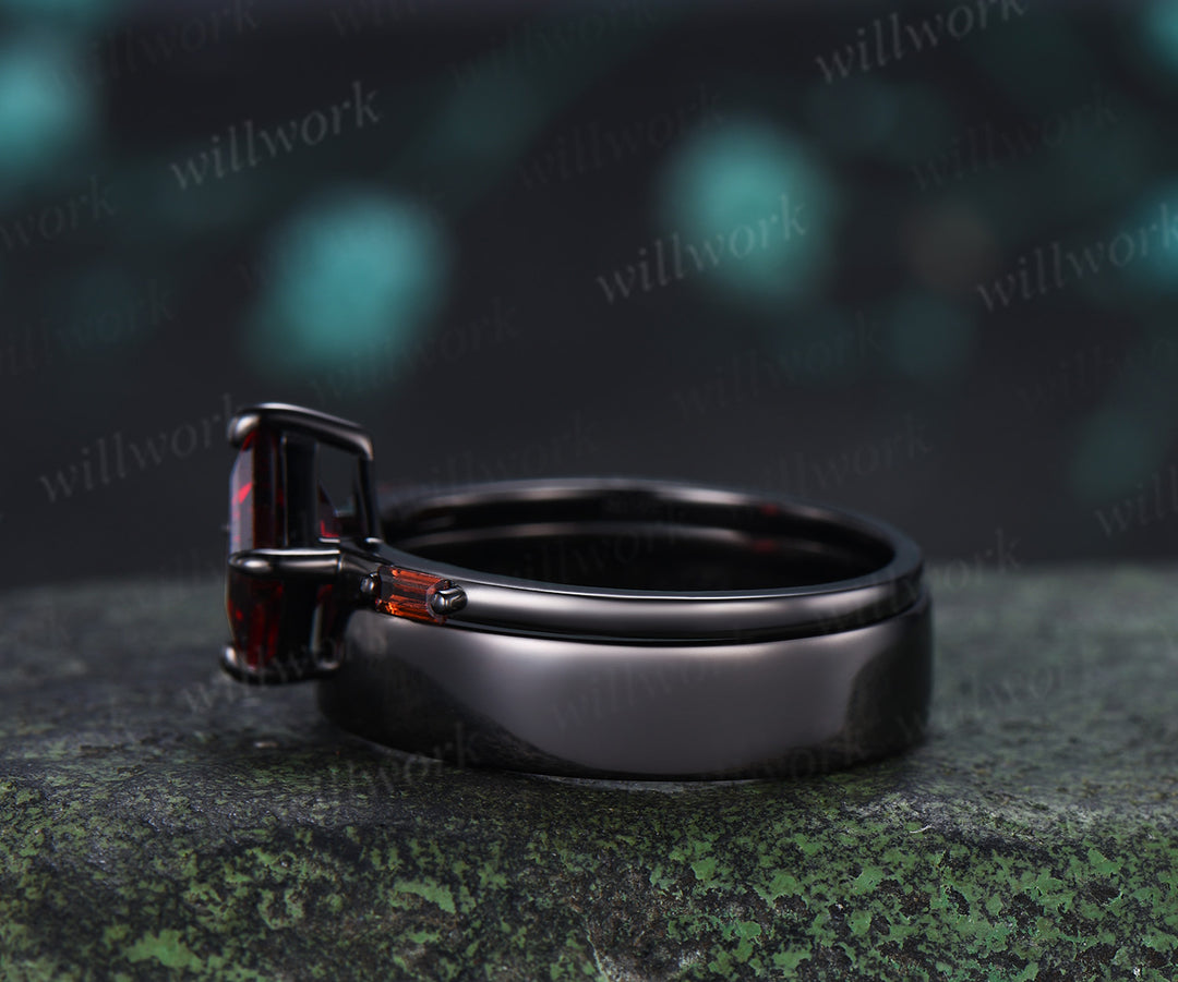 Kite Cut Garnet Couple Ring Set Rhombic Red Garnet Three Stone Engagement Ring & Black Men’s Band  Unique Matching Wedding Rings
