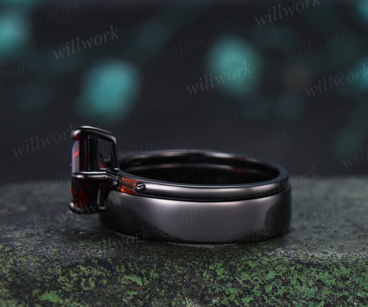 Kite Cut Garnet Couple Ring Set Rhombic Red Garnet Three Stone Engagement Ring & Black Men’s Band  Unique Matching Wedding Rings