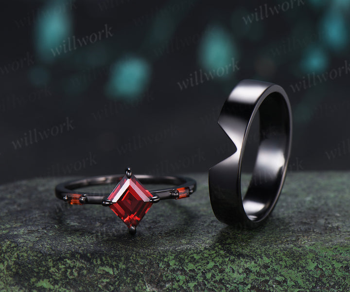 Kite Cut Garnet Couple Ring Set Rhombic Red Garnet Three Stone Engagement Ring & Black Men’s Band  Unique Matching Wedding Rings