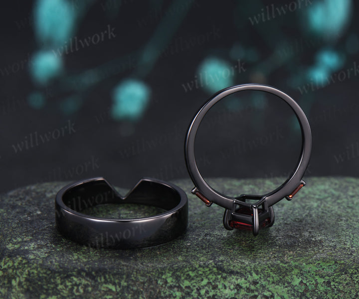 Kite Cut Garnet Couple Ring Set Rhombic Red Garnet Three Stone Engagement Ring & Black Men’s Band  Unique Matching Wedding Rings
