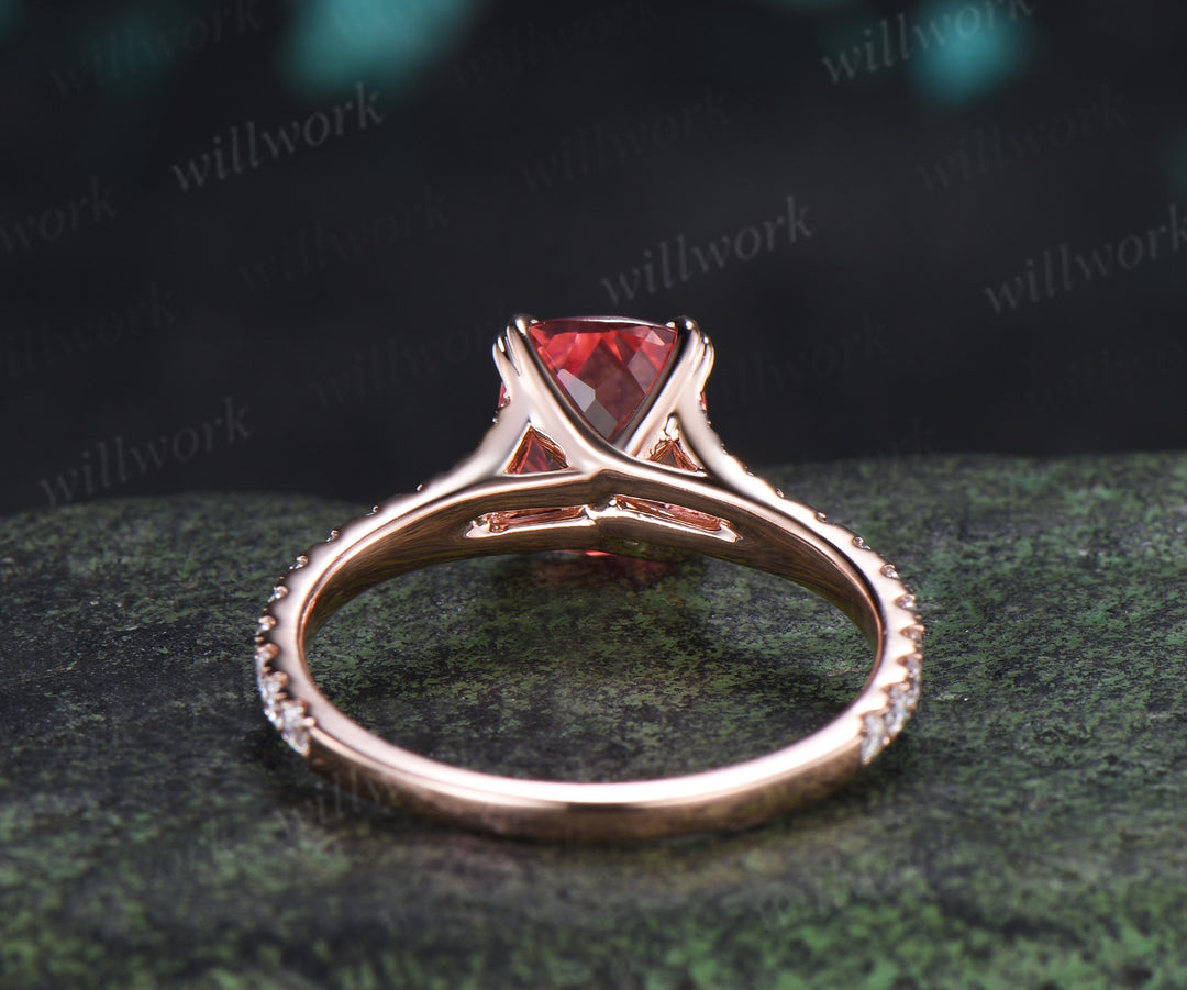 Cushion Cut Padparadscha Engagement Ring Split Shank Moissanite Half Eternity Ring Unique Pink Sapphire Wedding Ring